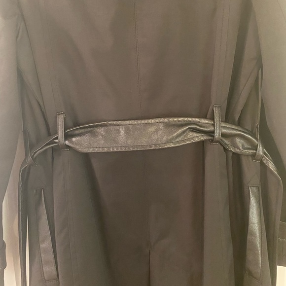 DKNY Small Black Faux Leather Trim Trench Coat - Picture 6 of 9